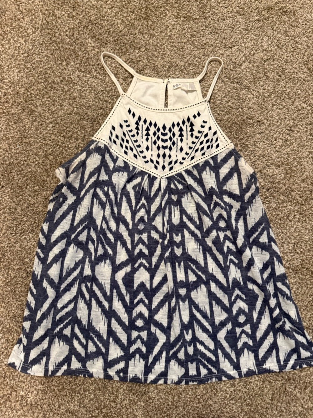 Navy & White Patterned Halter Tank with Crochet Yoke